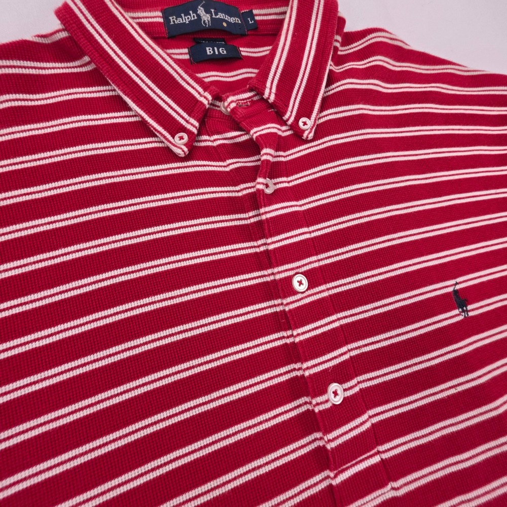 Ralph Lauren Polo BIG Mens Large Red White Striped Waffle Knit Polo Shirt
